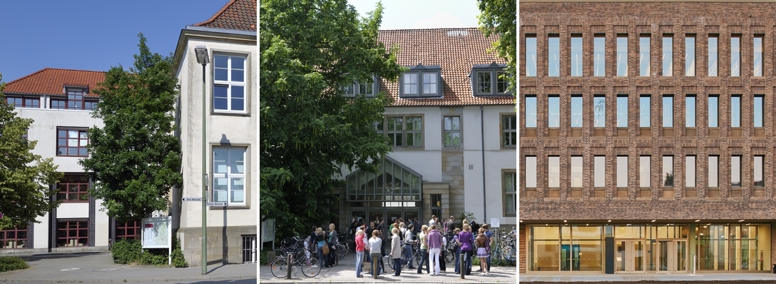 Außenansichten der drei Bereichsbibliotheken der Universitätsbibliothek, Ausschnitt, von links nach rechts: Bibliothek Alte Münze, Bereichsbibliothek Heger-Tor-Wall (Fotos: Manfred Pollert) und Bereichsbibliothek Westerberg (Foto: Sven Otte)